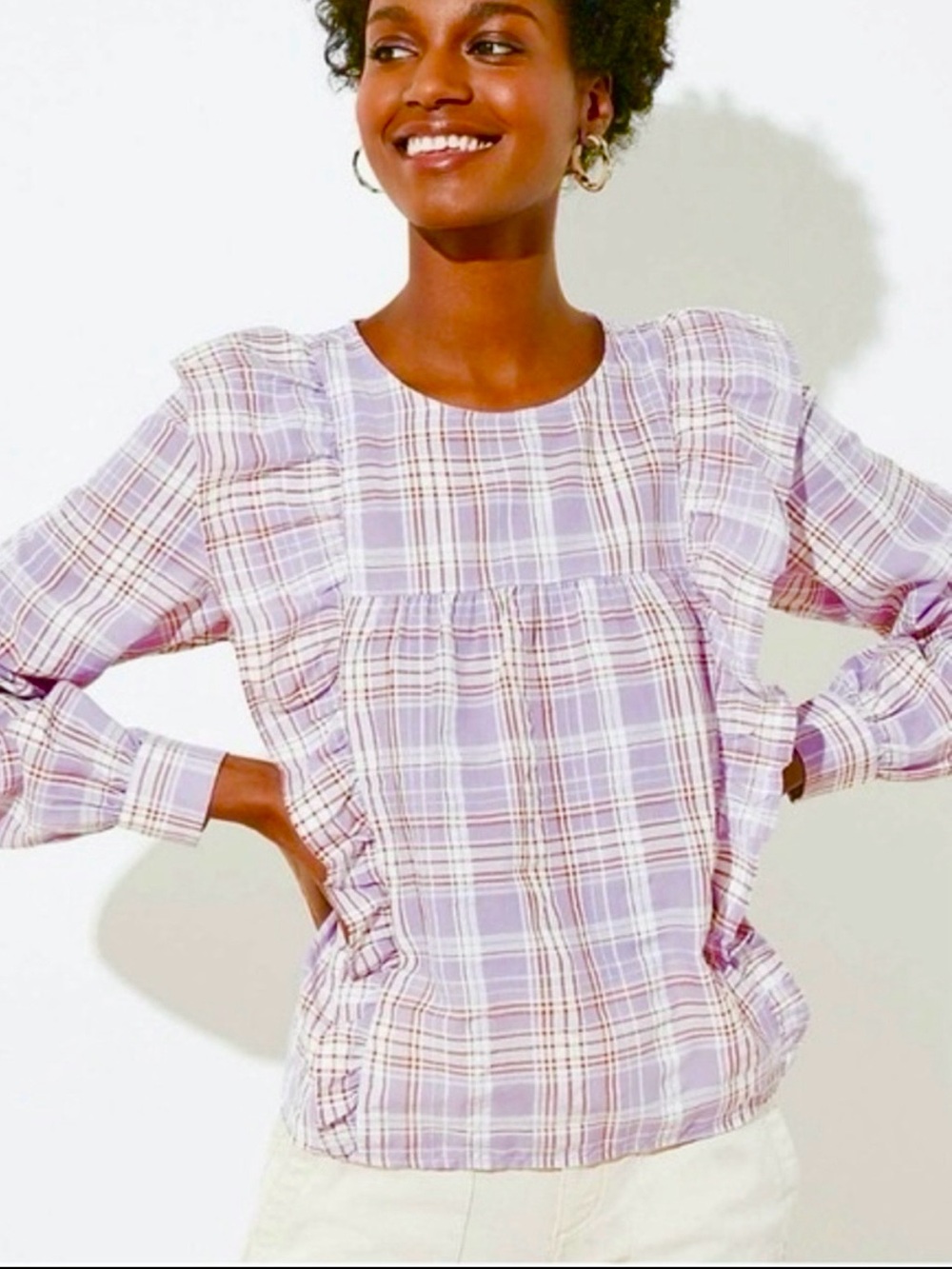 LOFT Plaid Ruffle Blouse Long Sleeve Top Size M Purple Cottagecore